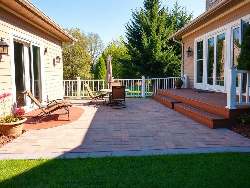 Clean backyard patio and deck area with washed pavers and bright outdoor furniture