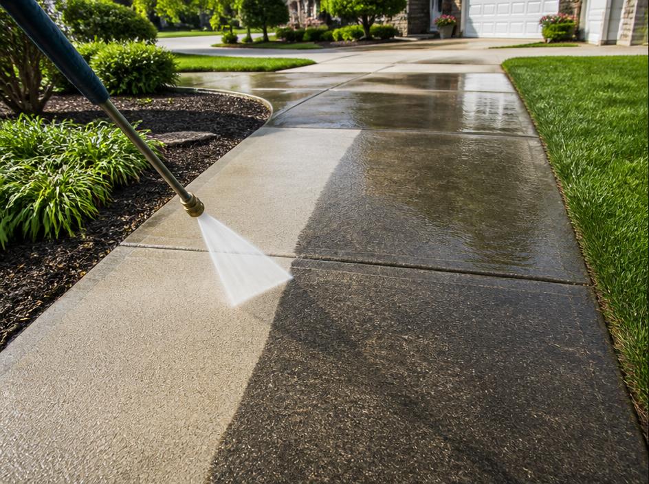 Concrete driveway half cleaned showing a sharp contrast between dirty and bright clean concrete