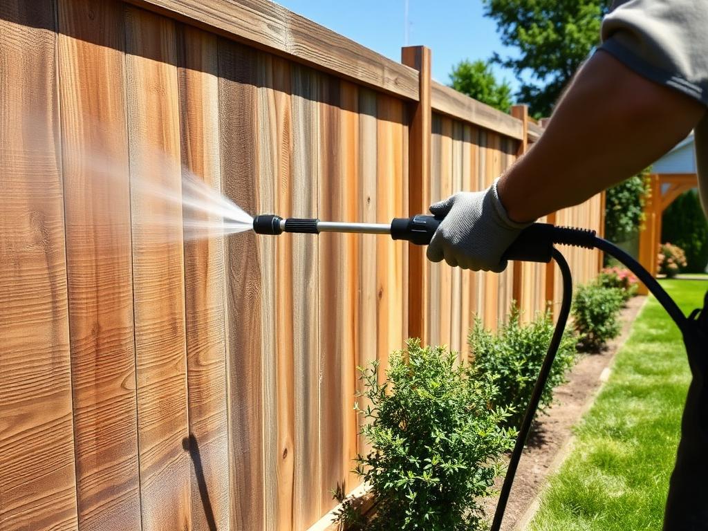 Weathered cedar fence being washed, with warm clean wood emerging from the gray boards