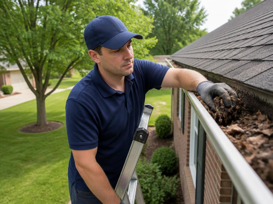 Gutter being cleared of fir needles and leaf debris with a ladder leaning against the house