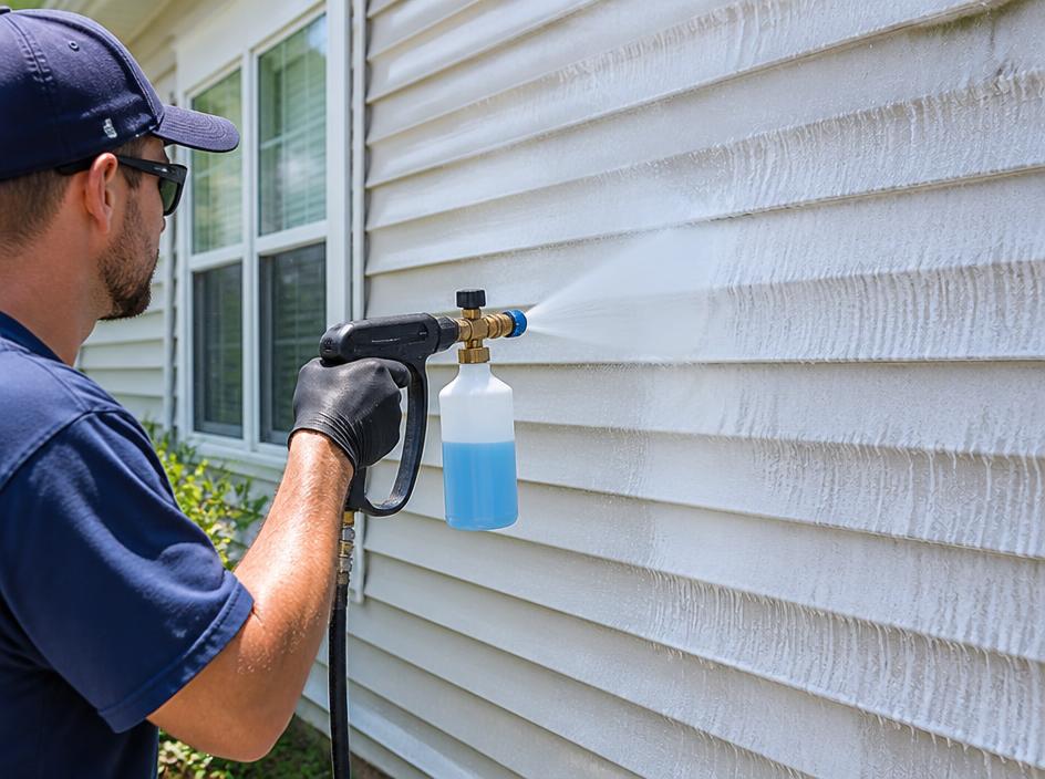 Two-story home with pale siding being washed clean, dirty and clean sections clearly divided