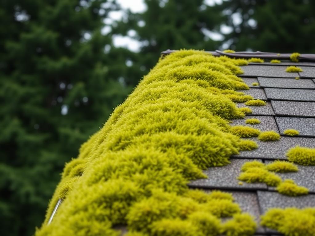 Thick green moss growing on an asphalt shingle roof edge being cleared away