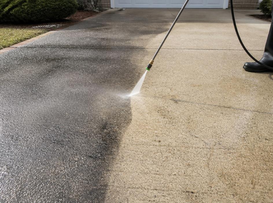 Pressure washer wand cutting a bright clean stripe across a dirty gray concrete surface