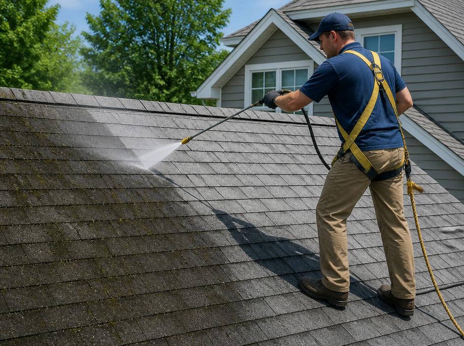 Mossy shingle roof being cleaned, with a clear line between the treated and untreated sections