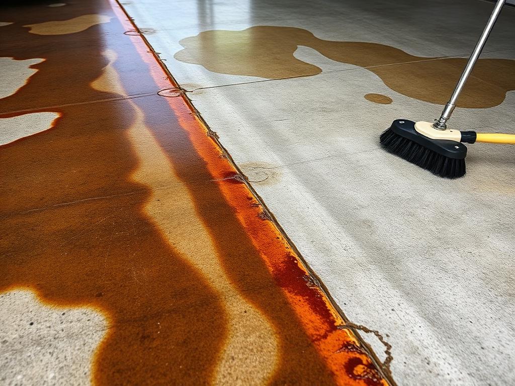 Concrete garage apron with rust and oil stains being treated and scrubbed clean