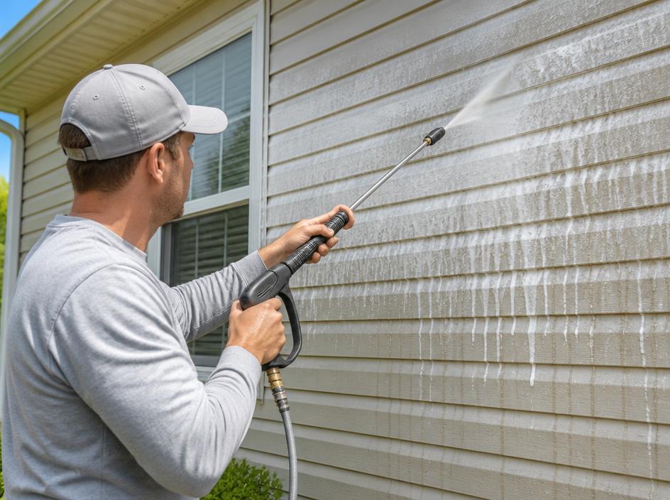 Technician soft washing a home exterior wall with a low pressure spray of cleaning solution