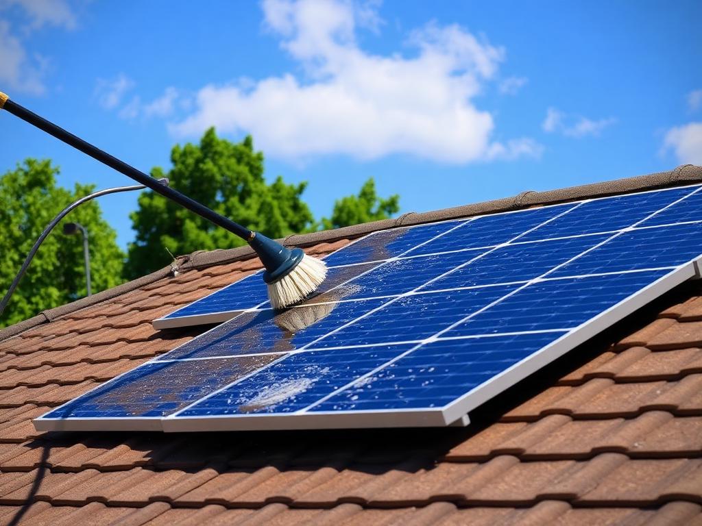 Rooftop solar panels being cleaned with a soft brush, half dusty and half sparkling clean