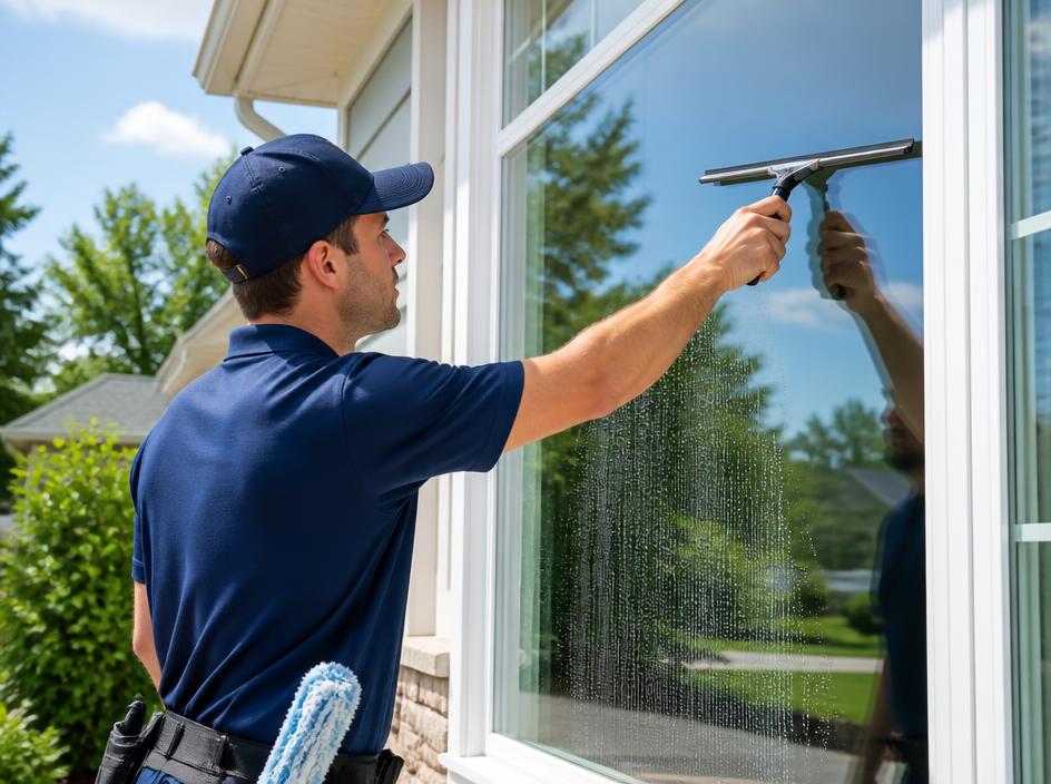 Squeegee pulling a clean stripe across an exterior house window on a sunny day